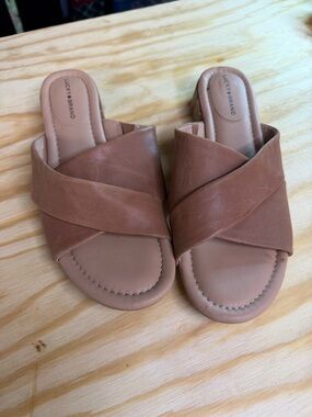 Lucky Brand Ramundy Sandals Womens 9 Tan Leather Slide Criss Cross Low Heel